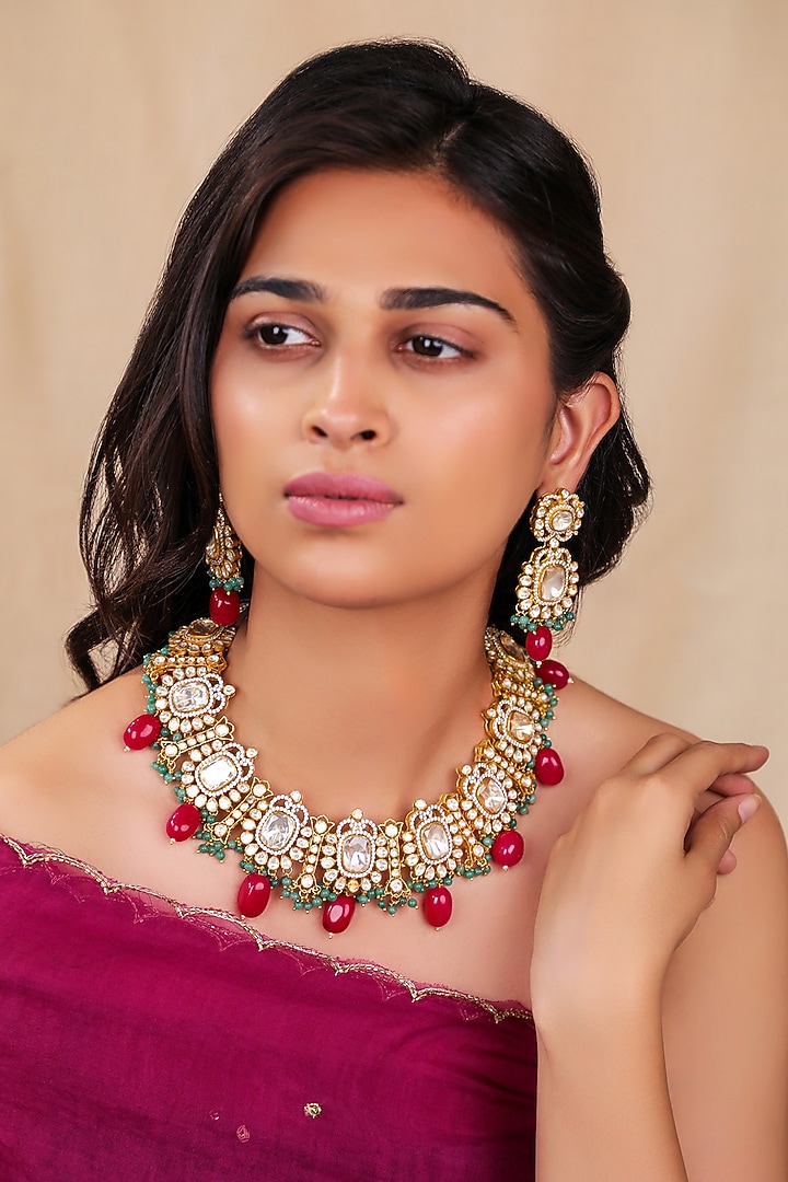 Two-Tone Finish Moissanite Polki & Ruby Beaded Necklace Set by Riana Jewellery at Pernia's Pop Up Shop