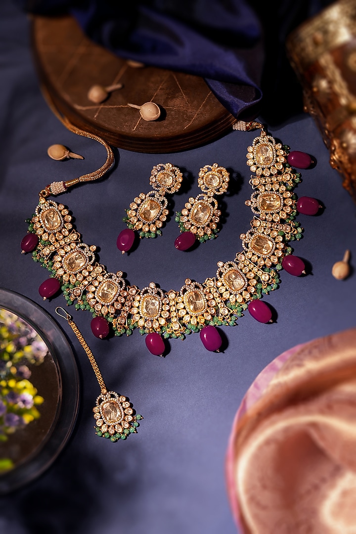 Two-Tone Finish Moissanite Polki & Ruby Beaded Necklace Set by Riana Jewellery at Pernia's Pop Up Shop