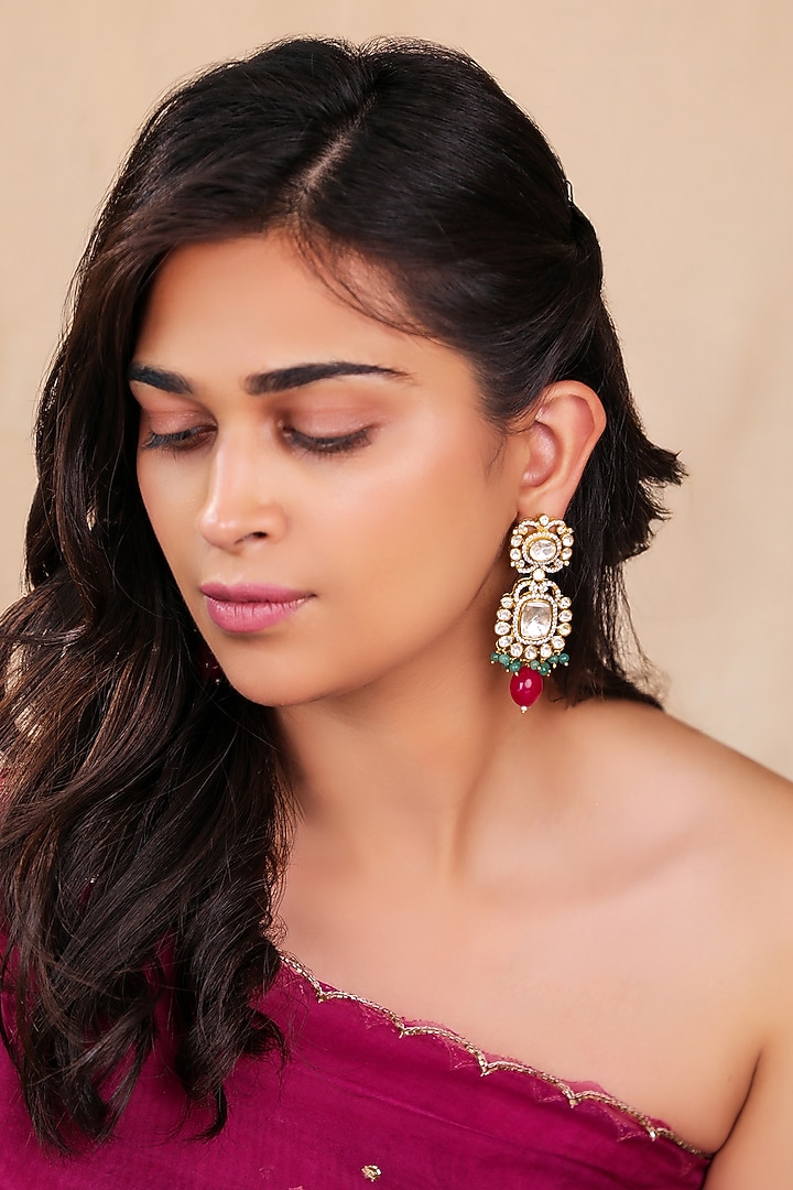 Two-Tone Finish Moissanite Polki & Ruby Beaded Necklace Set by Riana Jewellery at Pernia's Pop Up Shop