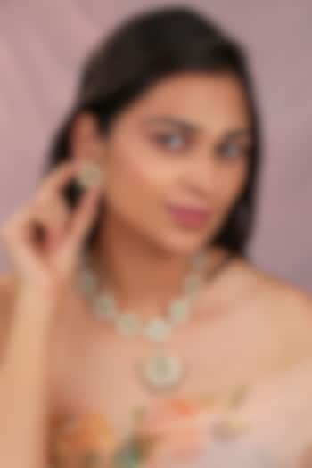 Matte Gold Plated Emerald Stone Necklace Set by Riana Jewellery at Pernia's Pop Up Shop