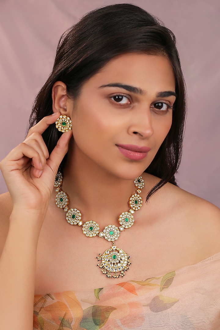 Matte Gold Plated Emerald Stone Necklace Set by Riana Jewellery at Pernia's Pop Up Shop