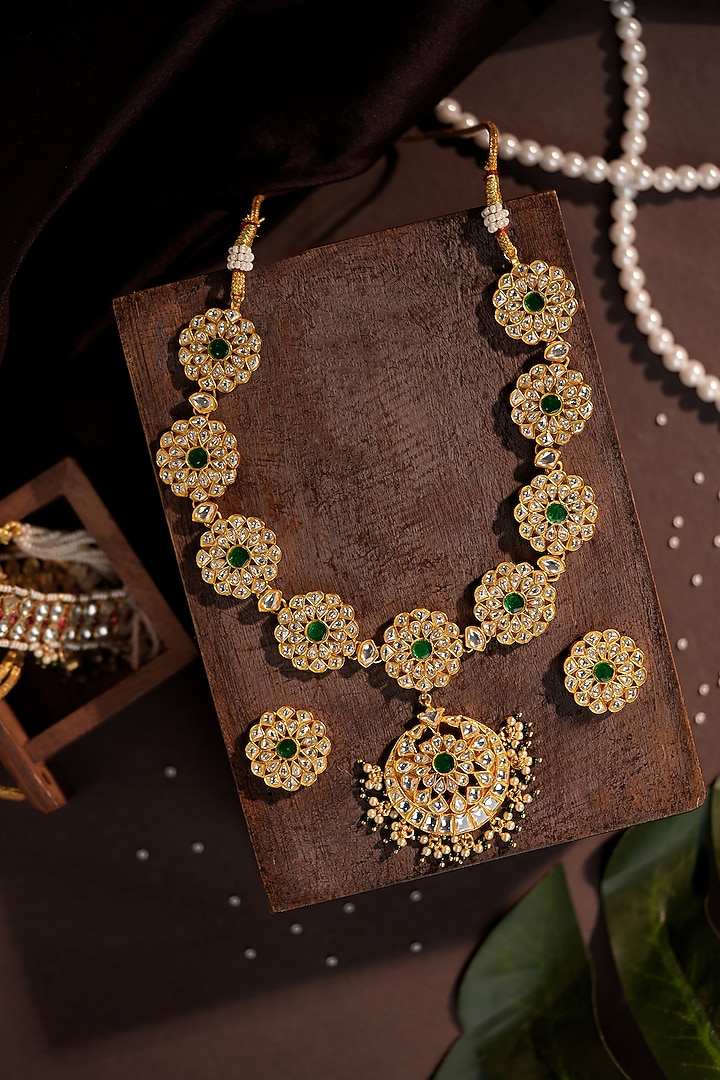 Matte Gold Plated Emerald Stone Necklace Set by Riana Jewellery at Pernia's Pop Up Shop