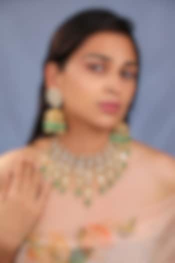 Matte Gold Plated Jade Green Stone Necklace Set by Riana Jewellery at Pernia's Pop Up Shop