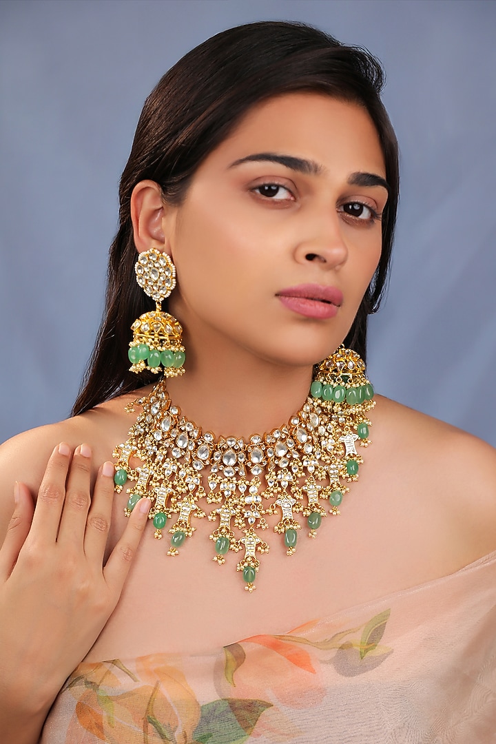 Matte Gold Plated Jade Green Stone Necklace Set by Riana Jewellery at Pernia's Pop Up Shop