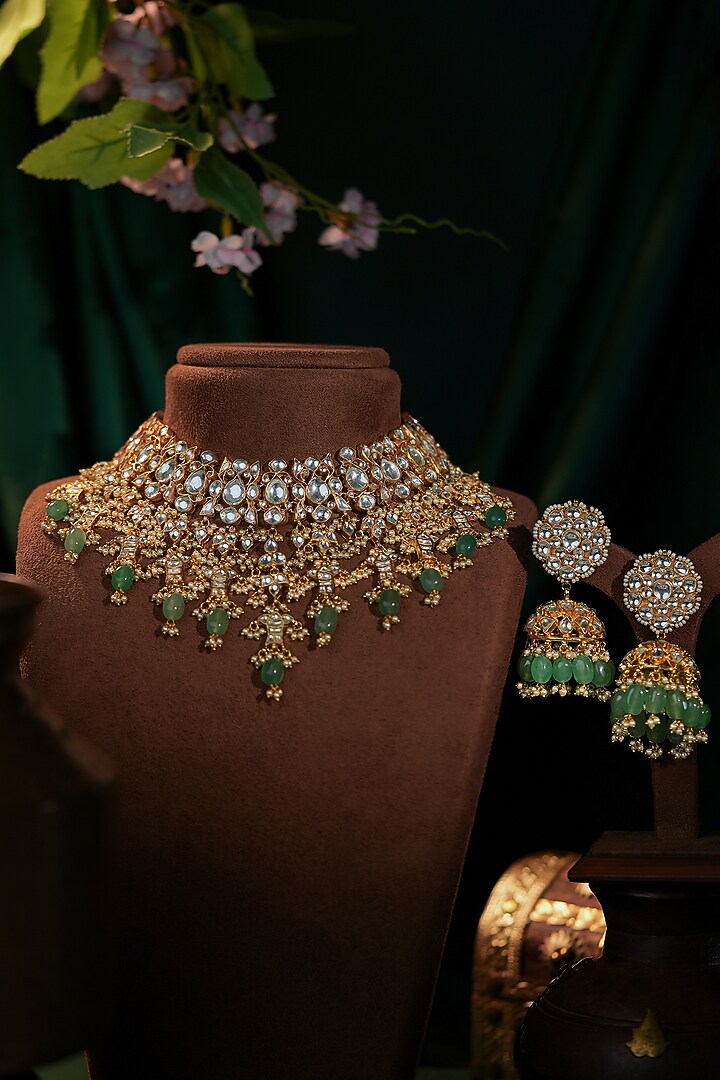 Matte Gold Plated Jade Green Stone Necklace Set by Riana Jewellery at Pernia's Pop Up Shop