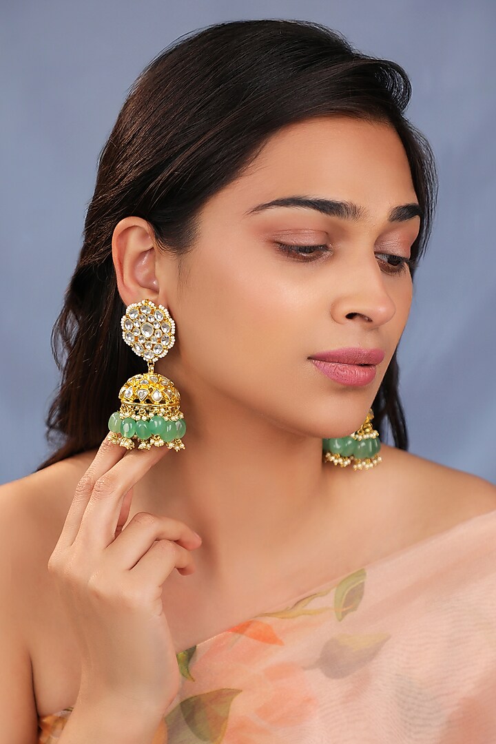 Matte Gold Plated Jade Green Stone Necklace Set by Riana Jewellery at Pernia's Pop Up Shop