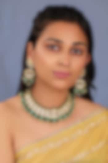 Matte Gold Plated Emerald Drop Choker Necklace Set by Riana Jewellery at Pernia's Pop Up Shop