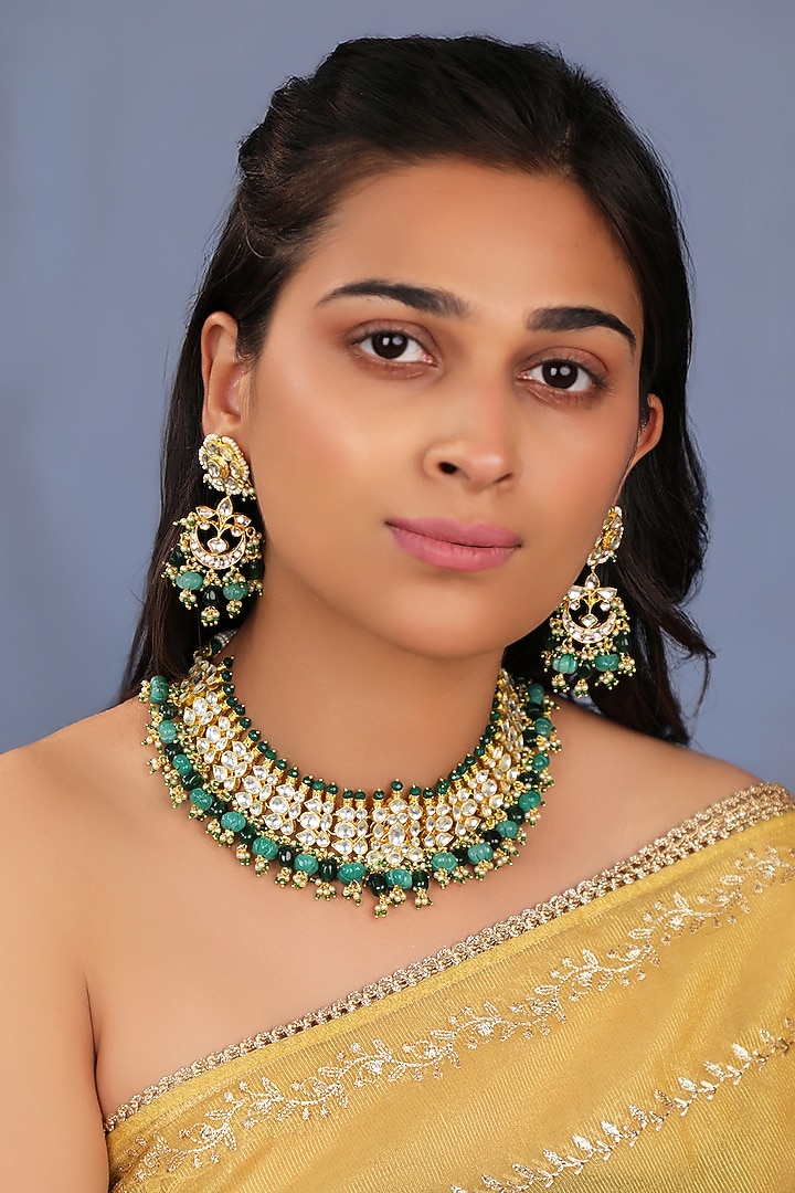 Matte Gold Plated Emerald Drop Choker Necklace Set by Riana Jewellery at Pernia's Pop Up Shop