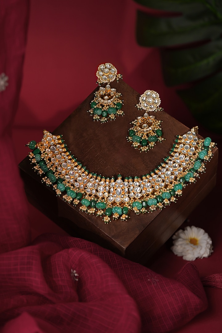 Matte Gold Plated Emerald Drop Choker Necklace Set by Riana Jewellery at Pernia's Pop Up Shop