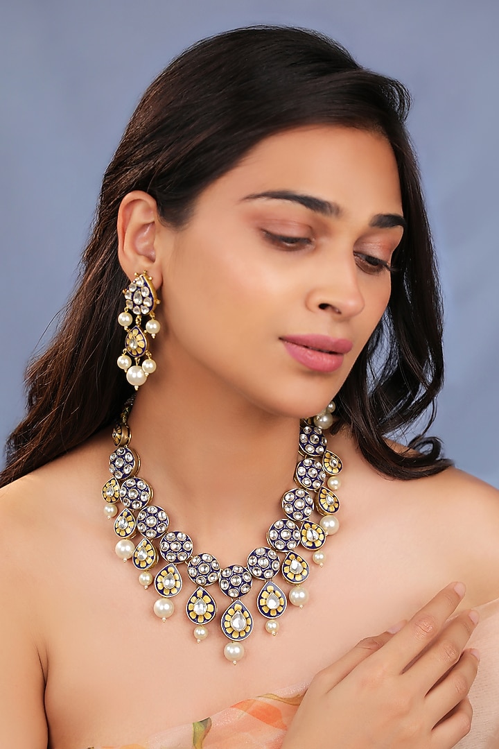 Matte Gold Plated Pearl Blue Meenakari Necklace Set by Riana Jewellery at Pernia's Pop Up Shop