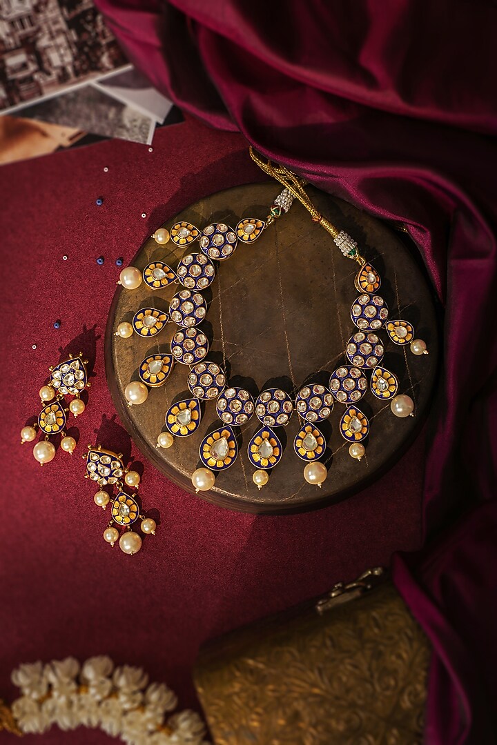 Matte Gold Plated Pearl Blue Meenakari Necklace Set by Riana Jewellery at Pernia's Pop Up Shop
