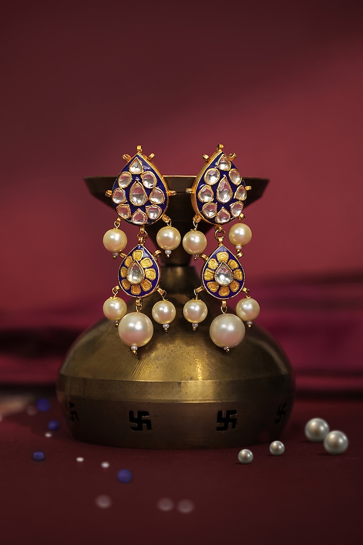 Matte Gold Plated Pearl Blue Meenakari Necklace Set by Riana Jewellery at Pernia's Pop Up Shop