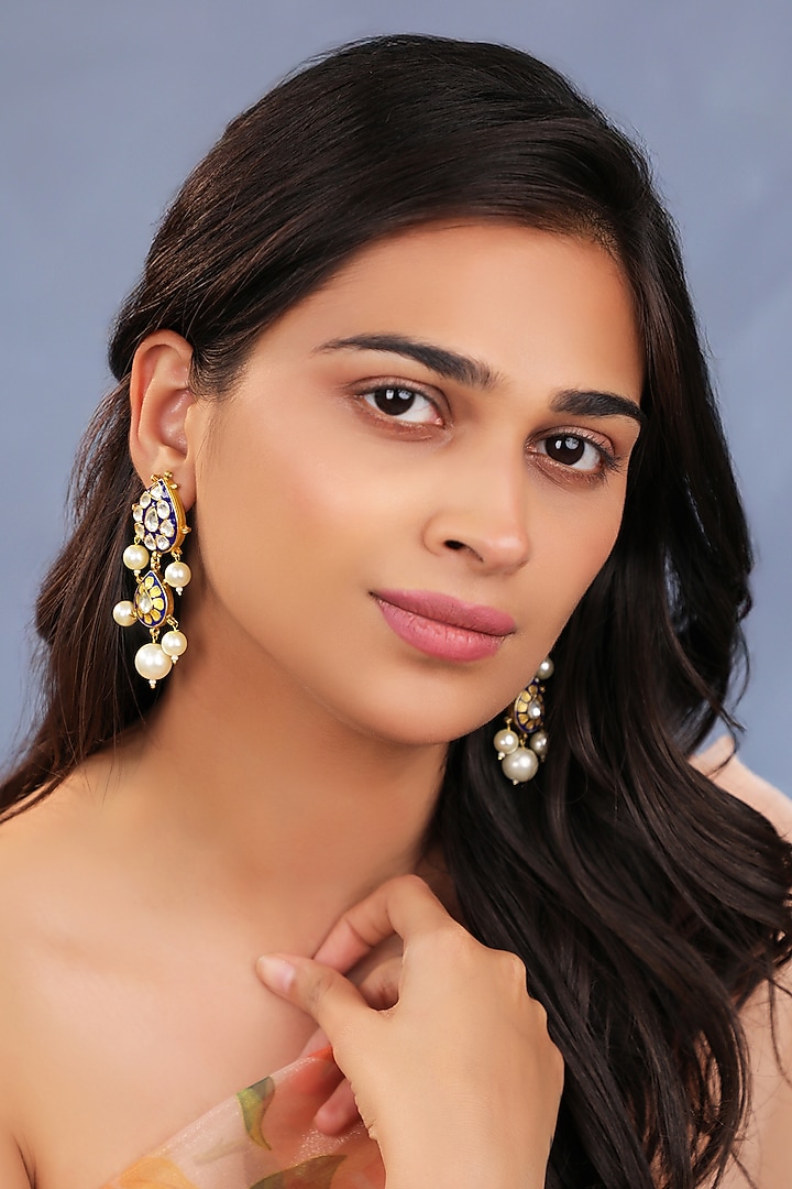 Matte Gold Plated Pearl Blue Meenakari Necklace Set by Riana Jewellery at Pernia's Pop Up Shop