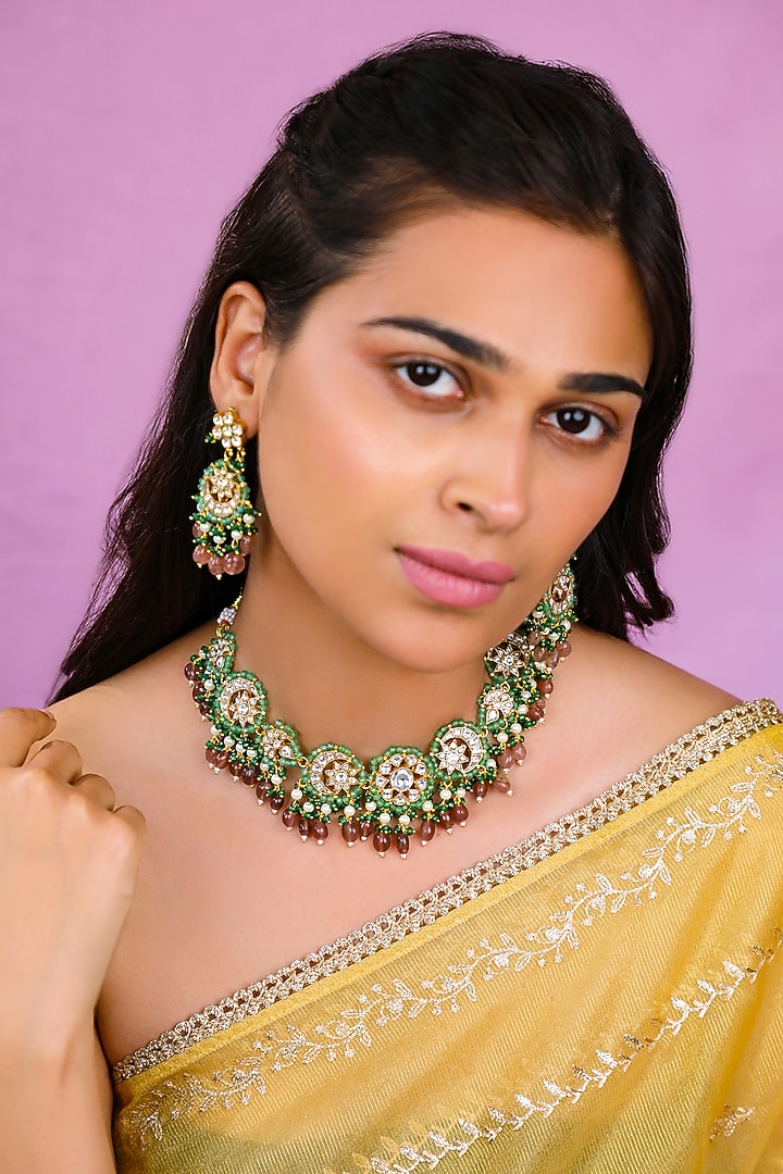 Matte Gold Plated Beaded Necklace Set by Riana Jewellery at Pernia's Pop Up Shop