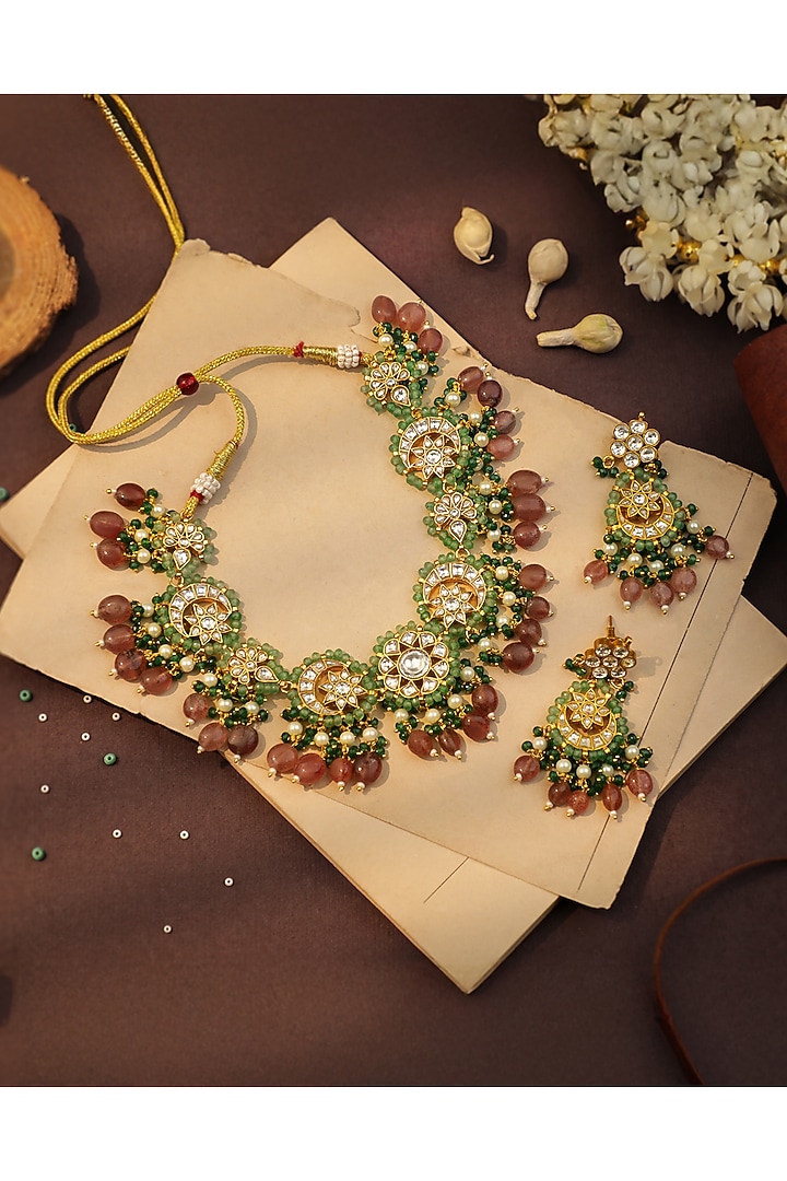 Matte Gold Plated Beaded Necklace Set by Riana Jewellery at Pernia's Pop Up Shop
