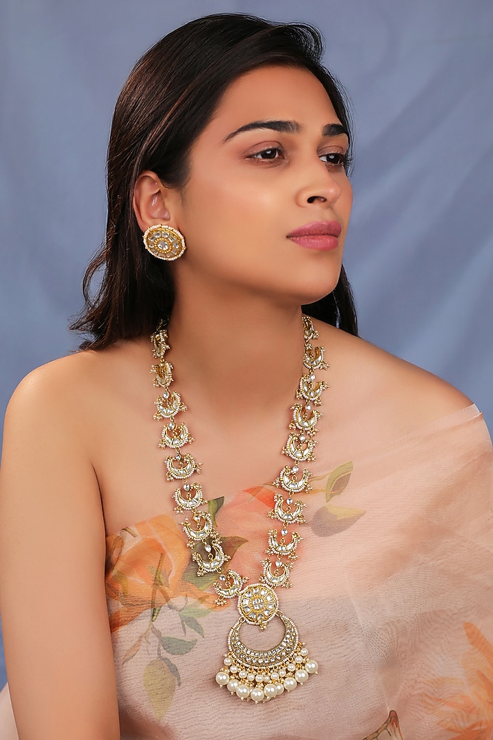 Matte Gold Plated Long Pendant Necklace Set by Riana Jewellery at Pernia's Pop Up Shop