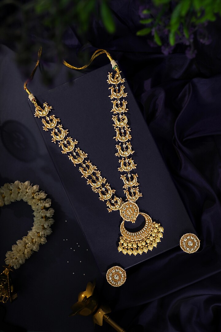 Matte Gold Plated Long Pendant Necklace Set by Riana Jewellery at Pernia's Pop Up Shop