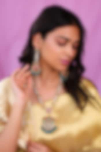 Matte Gold Plated Ruby & Sea Green Beaded Jadau Pendant Necklace Set by Riana Jewellery at Pernia's Pop Up Shop