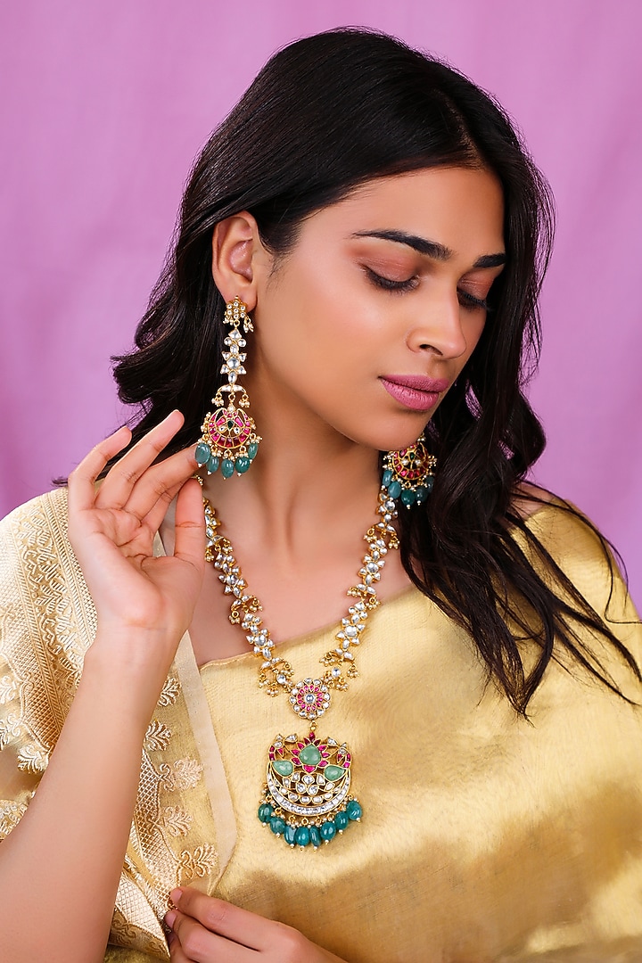 Matte Gold Plated Ruby & Sea Green Beaded Jadau Pendant Necklace Set by Riana Jewellery at Pernia's Pop Up Shop