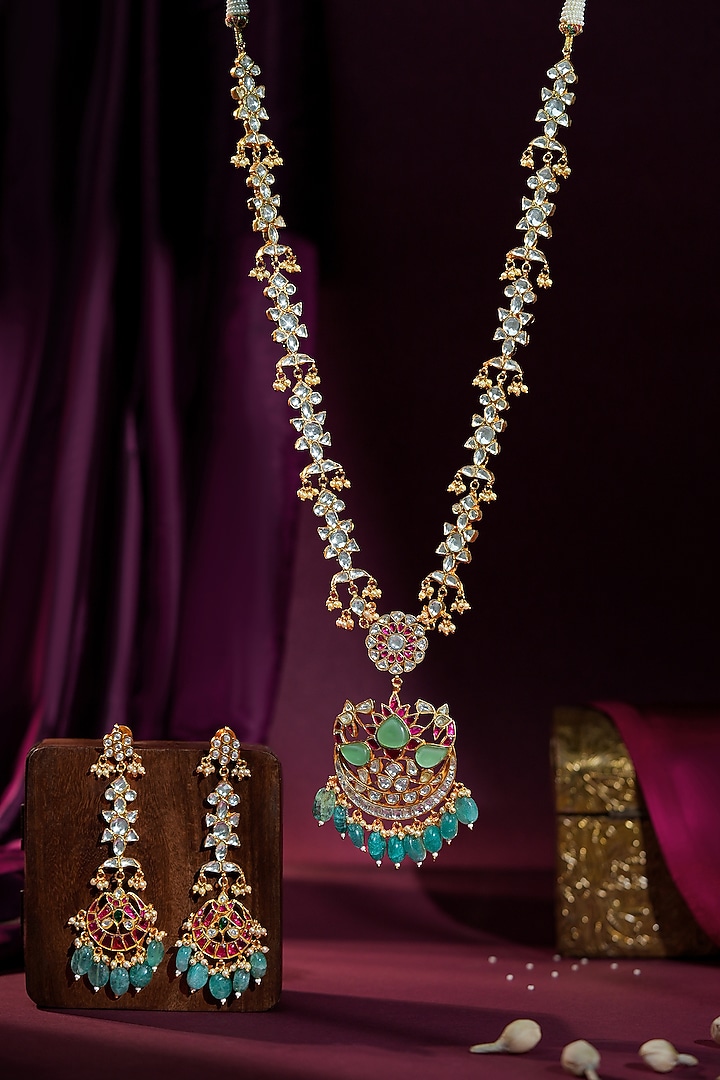 Matte Gold Plated Ruby & Sea Green Beaded Jadau Pendant Necklace Set by Riana Jewellery at Pernia's Pop Up Shop