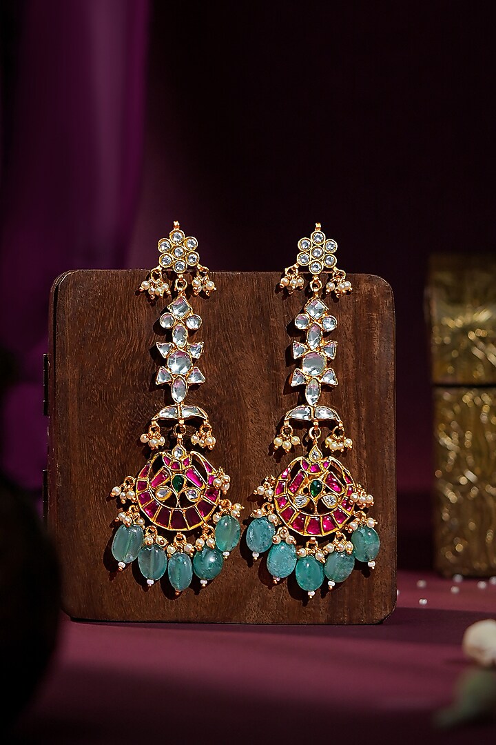 Matte Gold Plated Ruby & Sea Green Beaded Jadau Pendant Necklace Set by Riana Jewellery at Pernia's Pop Up Shop