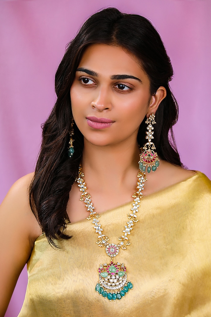 Matte Gold Plated Ruby & Sea Green Beaded Jadau Pendant Necklace Set by Riana Jewellery at Pernia's Pop Up Shop