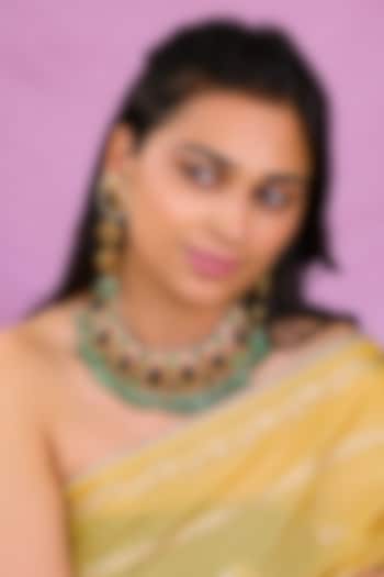 Matte Gold Plated Emerald Drop & Jade Hanging Necklace Set by Riana Jewellery at Pernia's Pop Up Shop