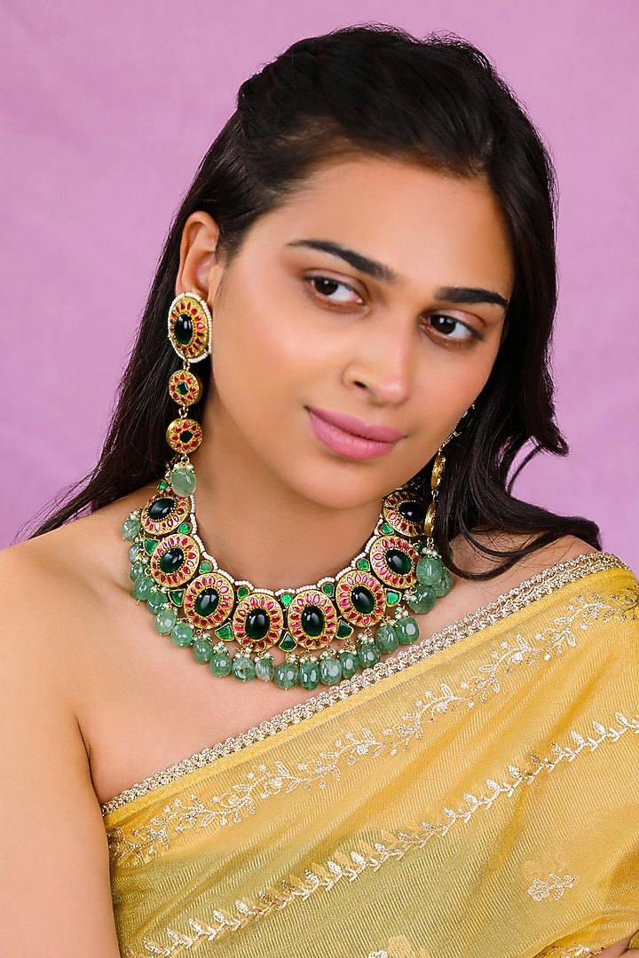 Matte Gold Plated Emerald Drop & Jade Hanging Necklace Set by Riana Jewellery at Pernia's Pop Up Shop