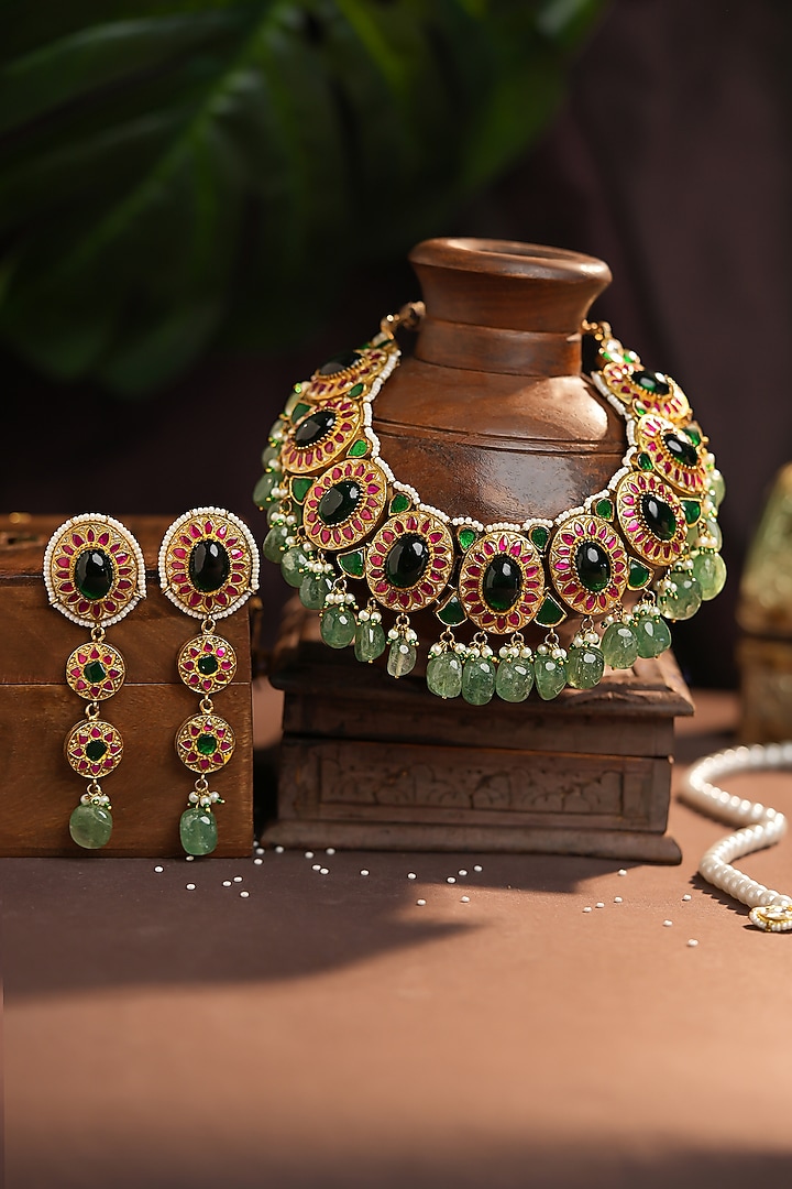 Matte Gold Plated Emerald Drop & Jade Hanging Necklace Set by Riana Jewellery at Pernia's Pop Up Shop