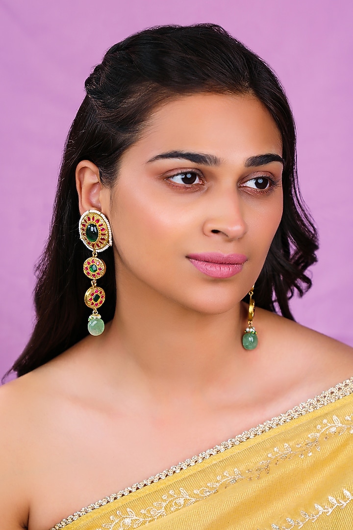 Matte Gold Plated Emerald Drop & Jade Hanging Necklace Set by Riana Jewellery at Pernia's Pop Up Shop