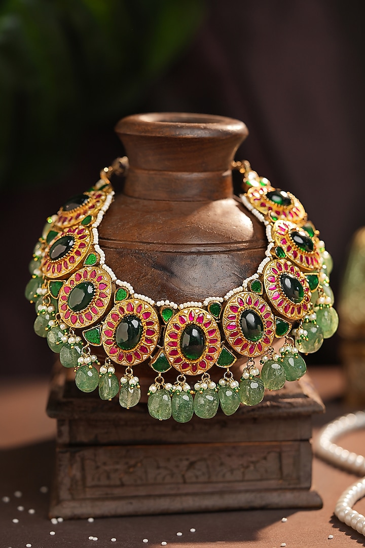 Matte Gold Plated Emerald Drop & Jade Hanging Necklace Set by Riana Jewellery at Pernia's Pop Up Shop