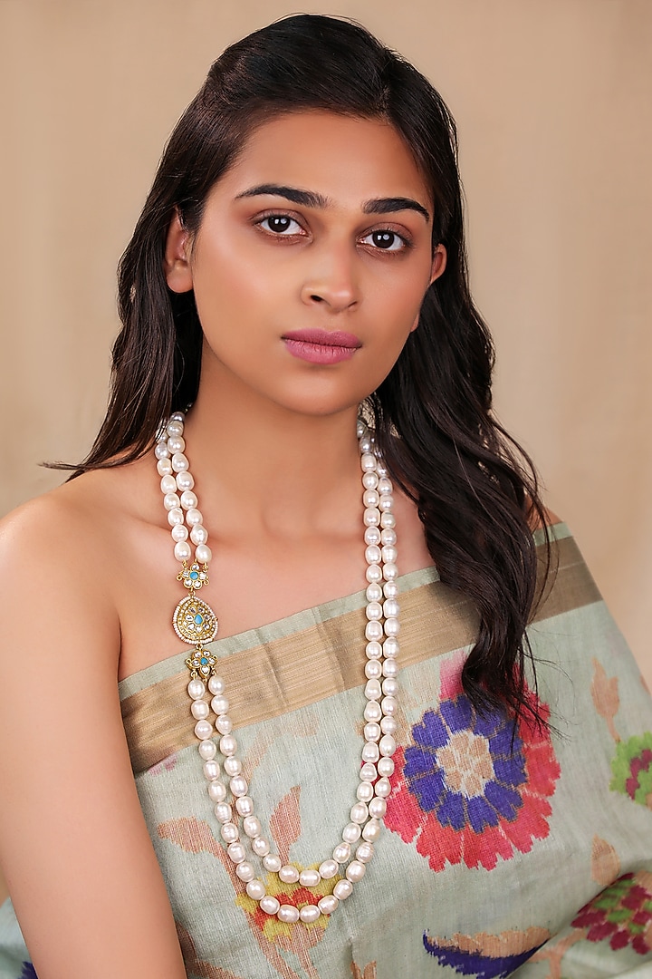 Matte Gold Plated Blue Stone Layered Mala Necklace by Riana Jewellery at Pernia's Pop Up Shop