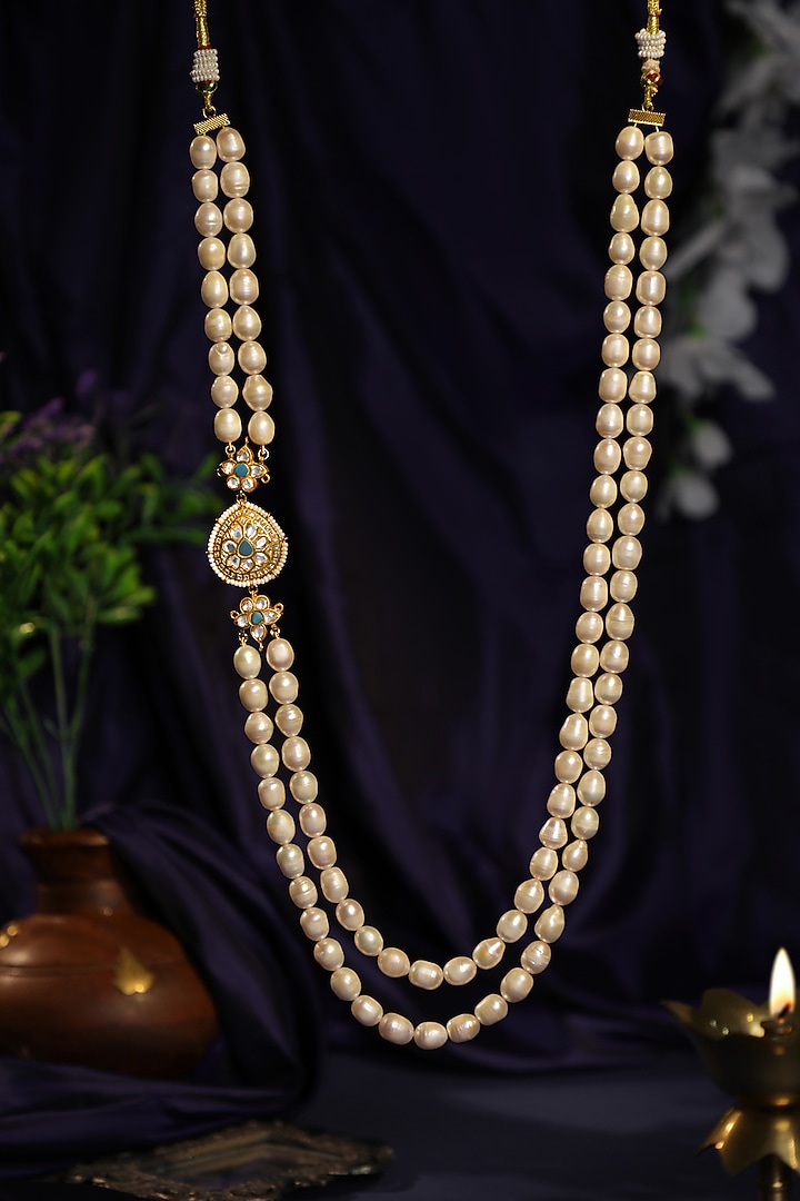Matte Gold Plated Blue Stone Layered Mala Necklace by Riana Jewellery at Pernia's Pop Up Shop