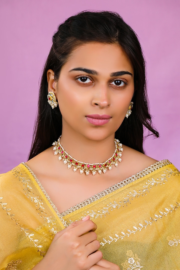 Gold Plated Jadtar Stone & Glass Beaded Necklace Set by Riana Jewellery at Pernia's Pop Up Shop