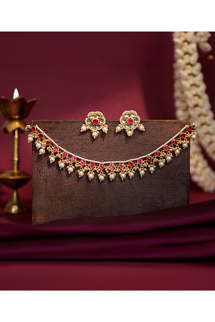 Gold Plated Jadtar Stone & Glass Beaded Necklace Set by Riana Jewellery at Pernia's Pop Up Shop