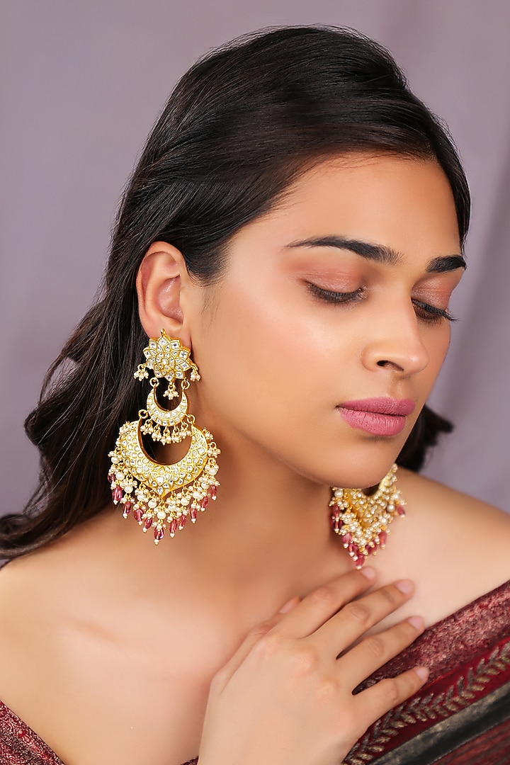 Matte Gold Plated Moissanite Polki & Pink Hanging Dangler Earrings by Riana Jewellery at Pernia's Pop Up Shop