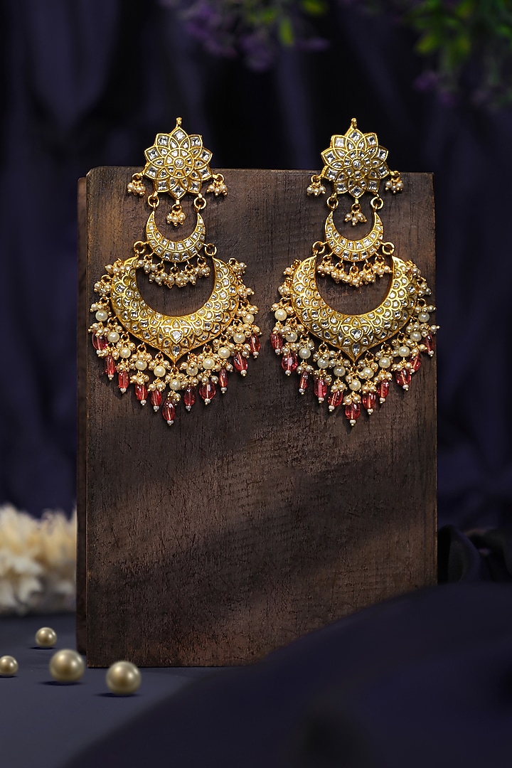 Matte Gold Plated Moissanite Polki & Pink Hanging Dangler Earrings by Riana Jewellery at Pernia's Pop Up Shop