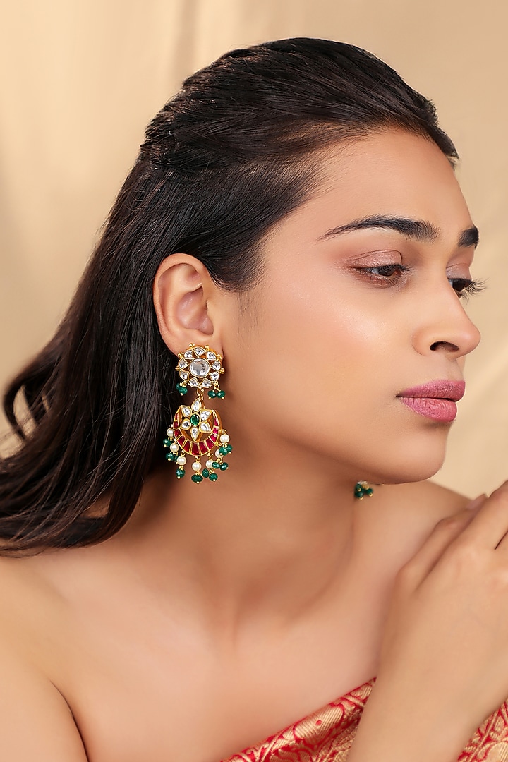 Matte Gold Plated Pink & Green Jadtar Stone Dangler Earrings by Riana Jewellery at Pernia's Pop Up Shop