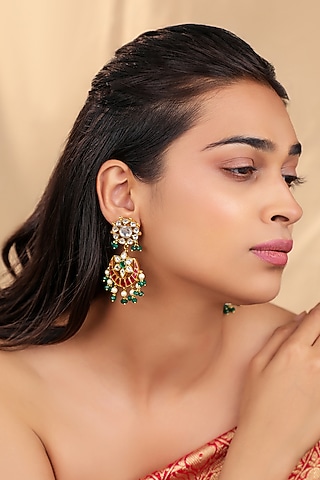 Matte Gold Plated Pink & Green Jadtar Stone Dangler Earrings by Riana Jewellery
