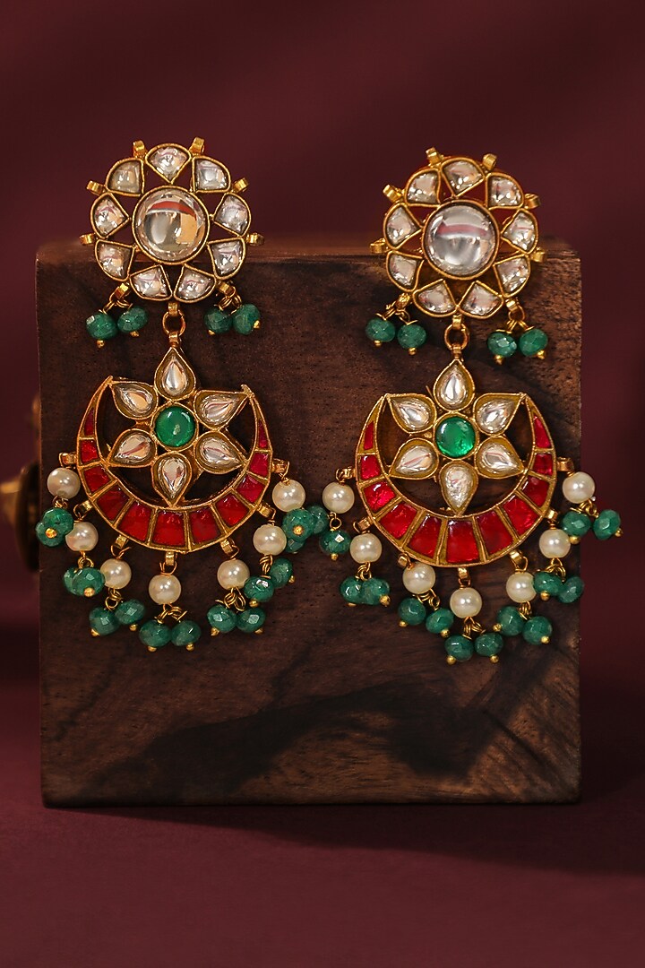Matte Gold Plated Pink & Green Jadtar Stone Dangler Earrings by Riana Jewellery at Pernia's Pop Up Shop