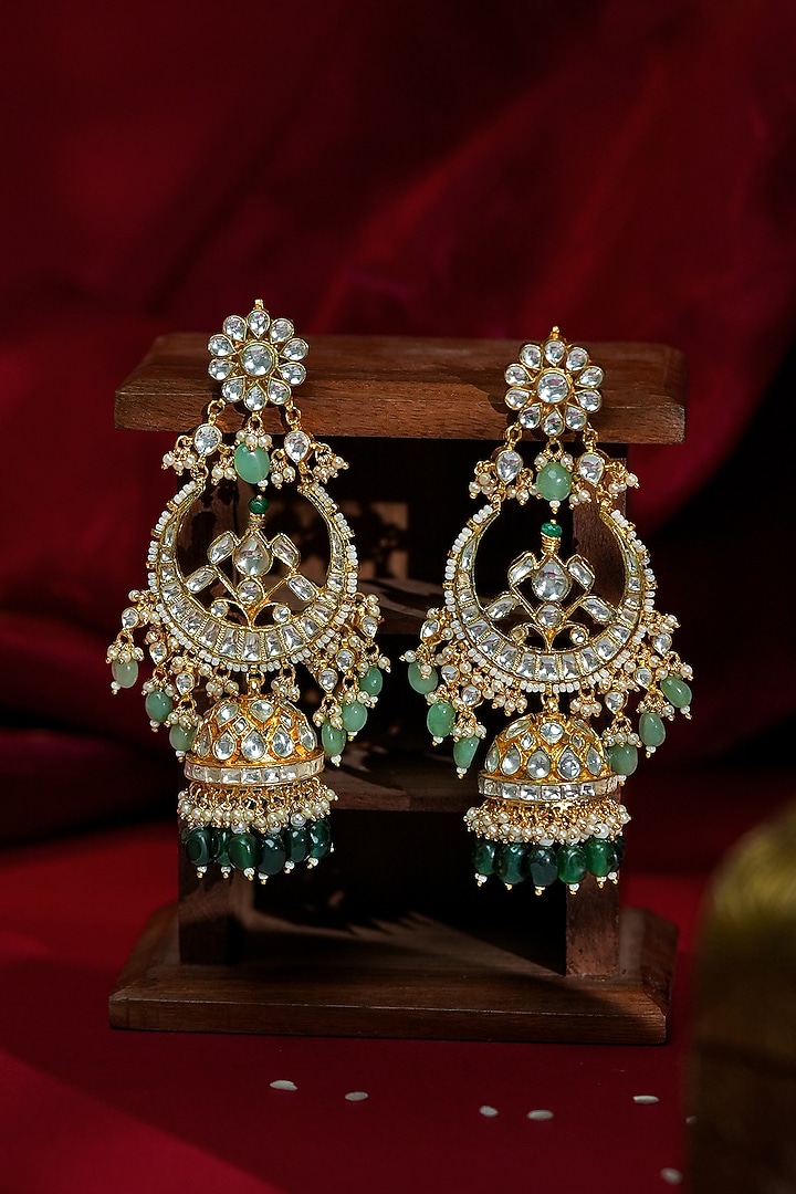 Matte Gold Plated Emerald Stone Jhumka Earrings by Riana Jewellery at Pernia's Pop Up Shop