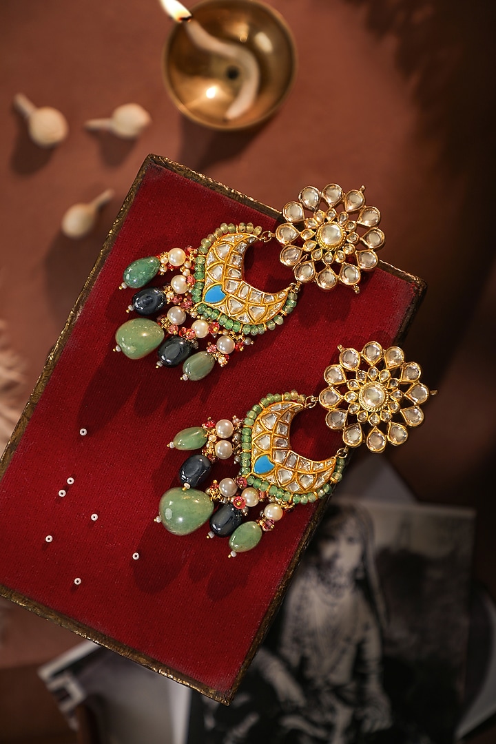 Two-Tone Finish Multi-Colored Stone Floral Dangler Earrings by Riana Jewellery at Pernia's Pop Up Shop