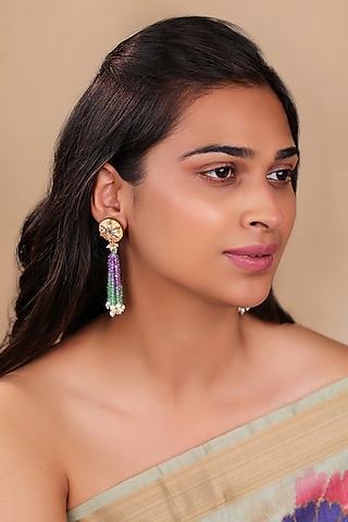 Matte Gold Plated Mirror & Beaded Stud Earrings by Riana Jewellery