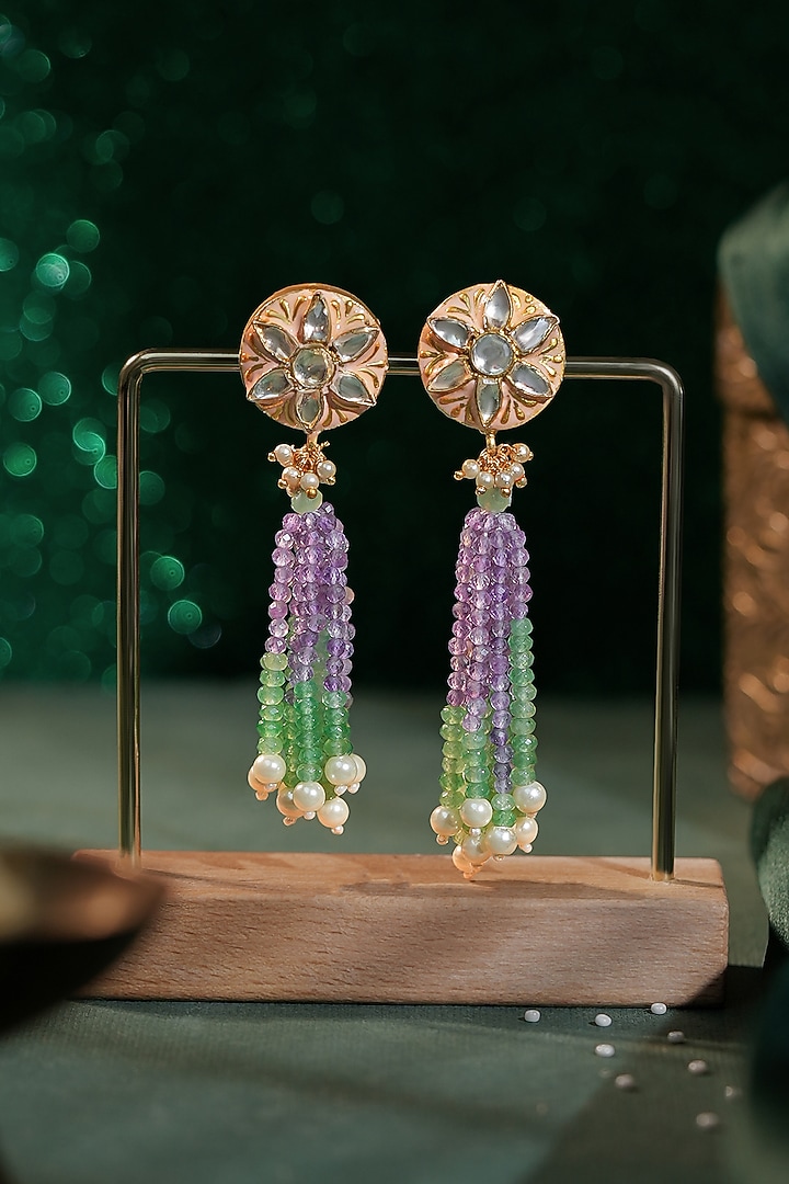 Matte Gold Plated Mirror & Beaded Stud Earrings by Riana Jewellery at Pernia's Pop Up Shop