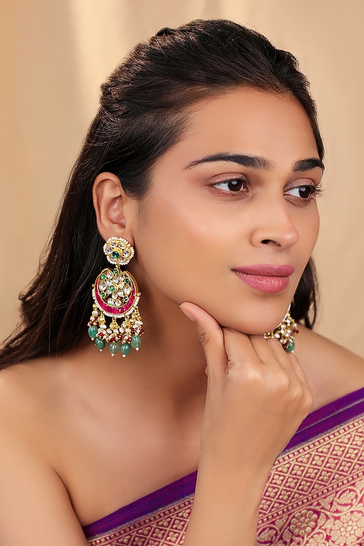 Matte Gold Plated Pink & Green Jadtar Stone Chandbali Earrings by Riana Jewellery at Pernia's Pop Up Shop