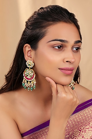 Matte Gold Plated Pink & Green Jadtar Stone Chandbali Earrings by Riana Jewellery