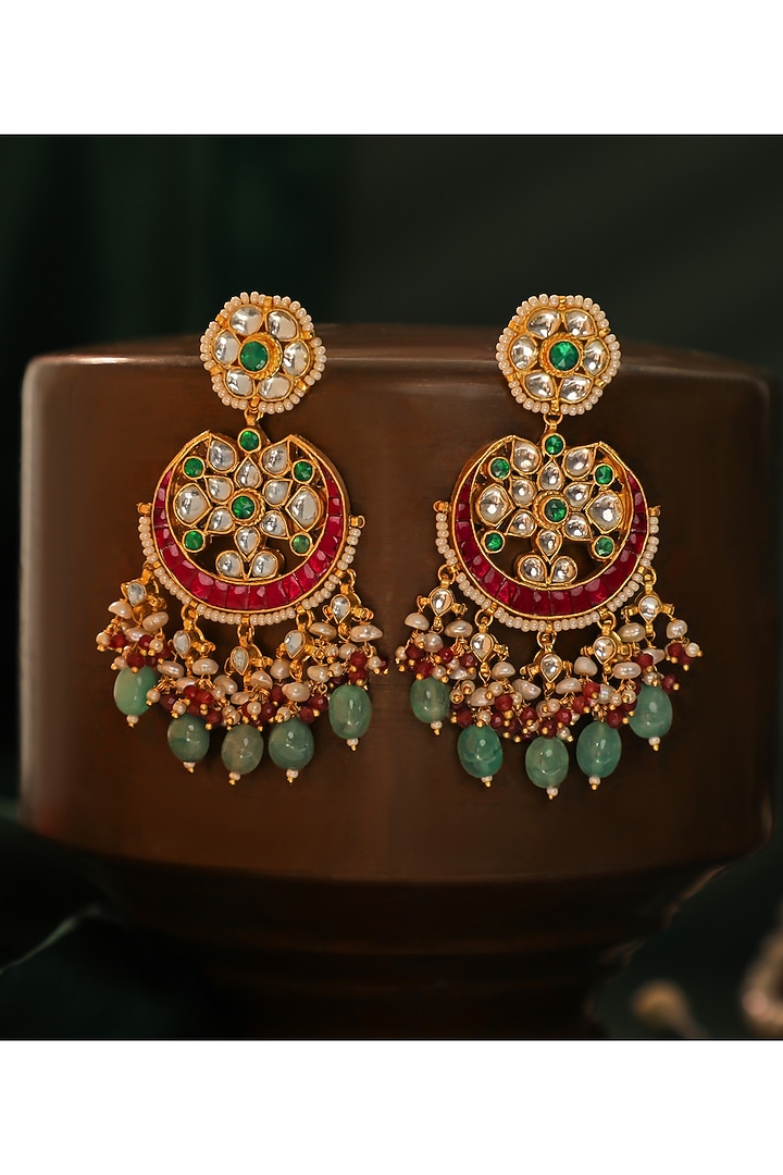 Matte Gold Plated Pink & Green Jadtar Stone Chandbali Earrings by Riana Jewellery at Pernia's Pop Up Shop
