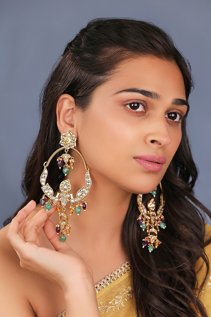 Gold Plated Multi-Colored Beaded Chandbali Earrings by Riana Jewellery at Pernia's Pop Up Shop