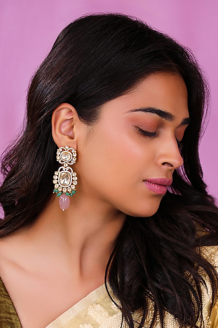 Gold Plated Moissanite Polki & Beaded Dangler Earrings by Riana Jewellery at Pernia's Pop Up Shop