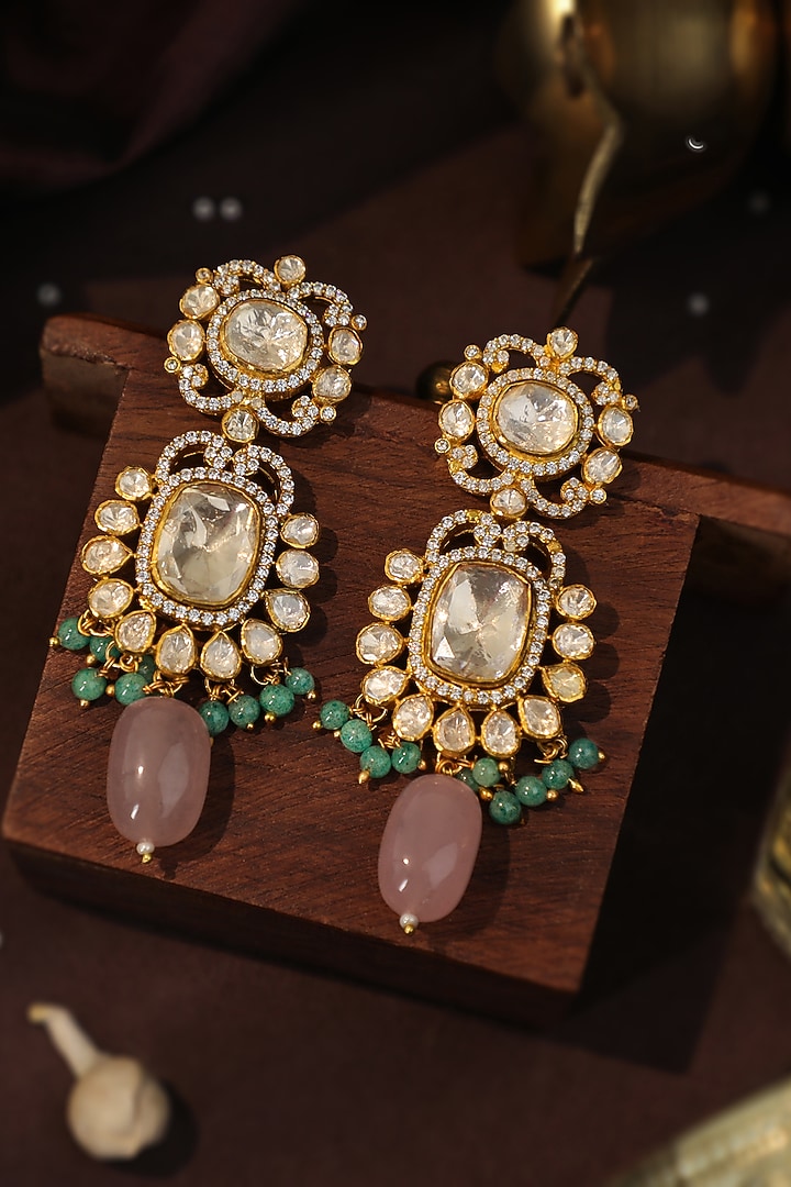 Gold Plated Moissanite Polki & Beaded Dangler Earrings by Riana Jewellery at Pernia's Pop Up Shop